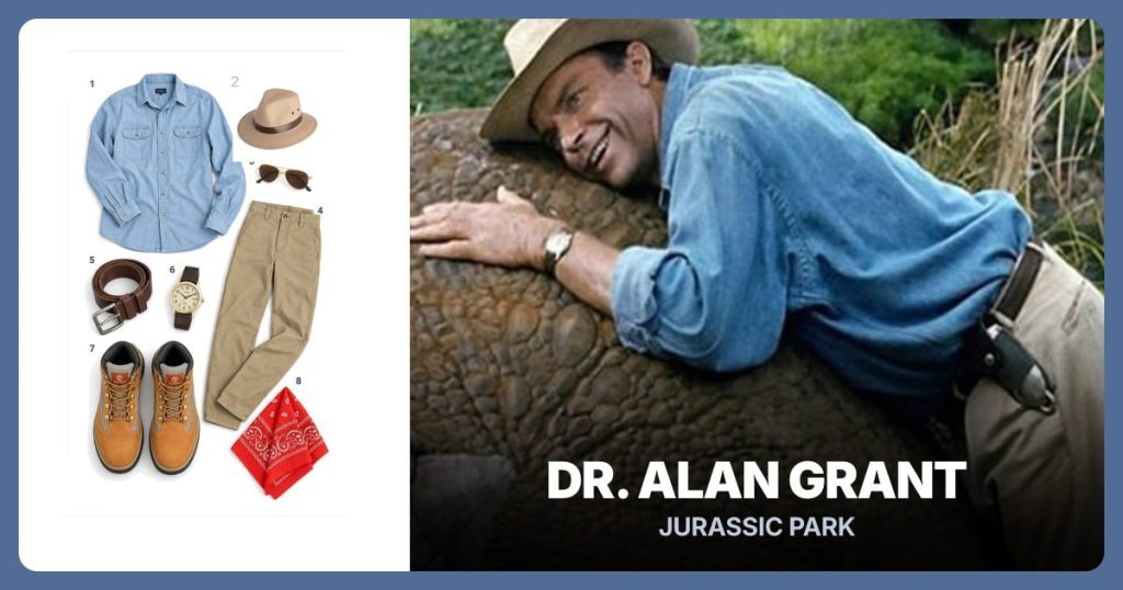 Dr. Alan Grant costume from Jurassic Park: Light Blue Chambray Shirt, Khaki Safari Hat, Aviator Sunglasses, Dickies Men’s Flat Front Pant