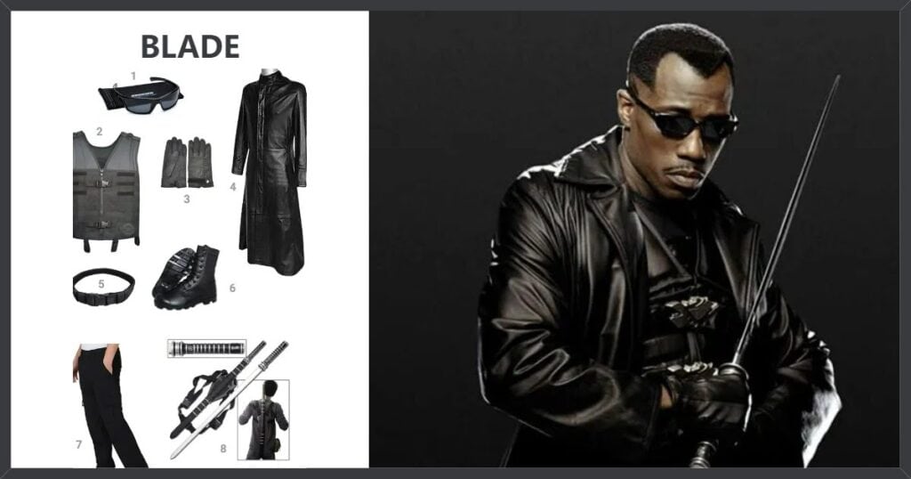 Blade costume: Sport Sunglasses, Black Tactical Vest, REED Leather Gloves with Strap - Black, Black Leather Trench Coat, CHAOREN Tactical Belt, and 3 more