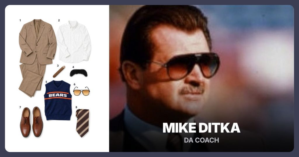 Classic Light Color Beige Suit, White Button Down Shirt, Fake Puff Cigar and Wacky Facial Hair beside Mike Ditka