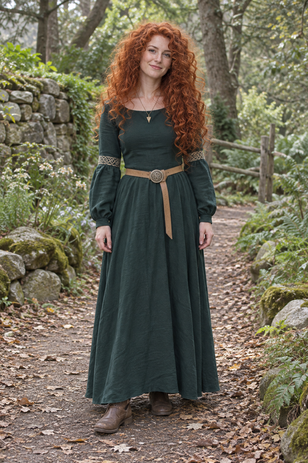 Costumer wearing a dark green Merida dress with red curls and brown boots