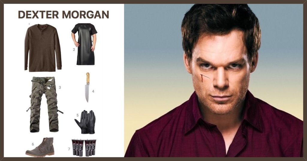 Dexter Morgan costume: Levi's Thermal Henley - Khaki Green, Vinyl Waterproof Apron, Military Army Cargo Pants - Military Green, Fake Knife, Leather Gloves, and 2 more
