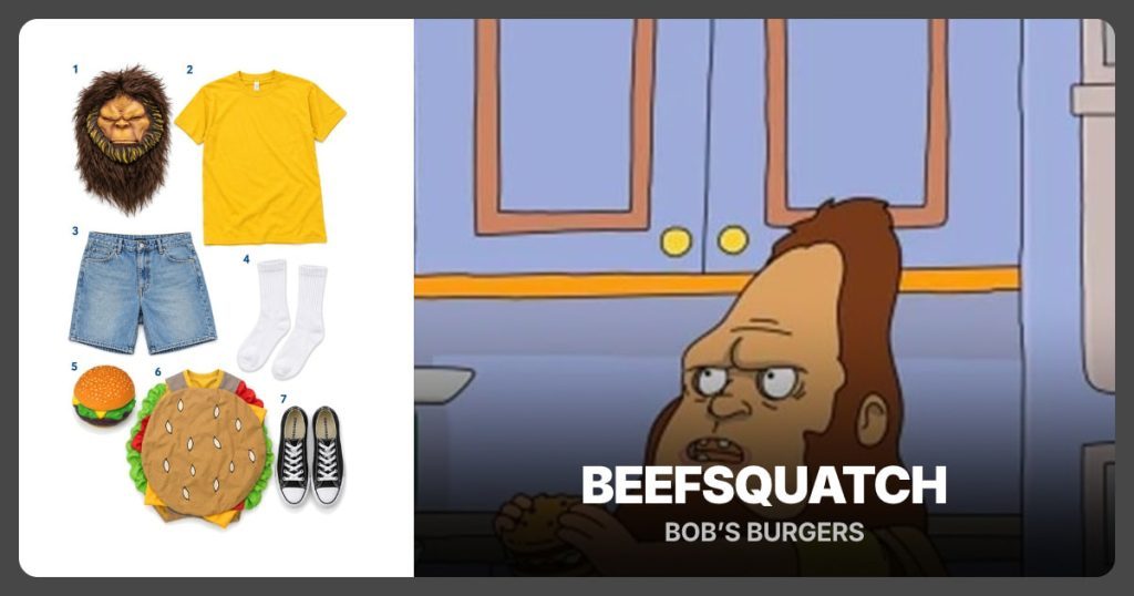 Sasquatch Mask, Yellow T-Shirt, Jean Shorts and White Crew Socks beside Beefsquatch