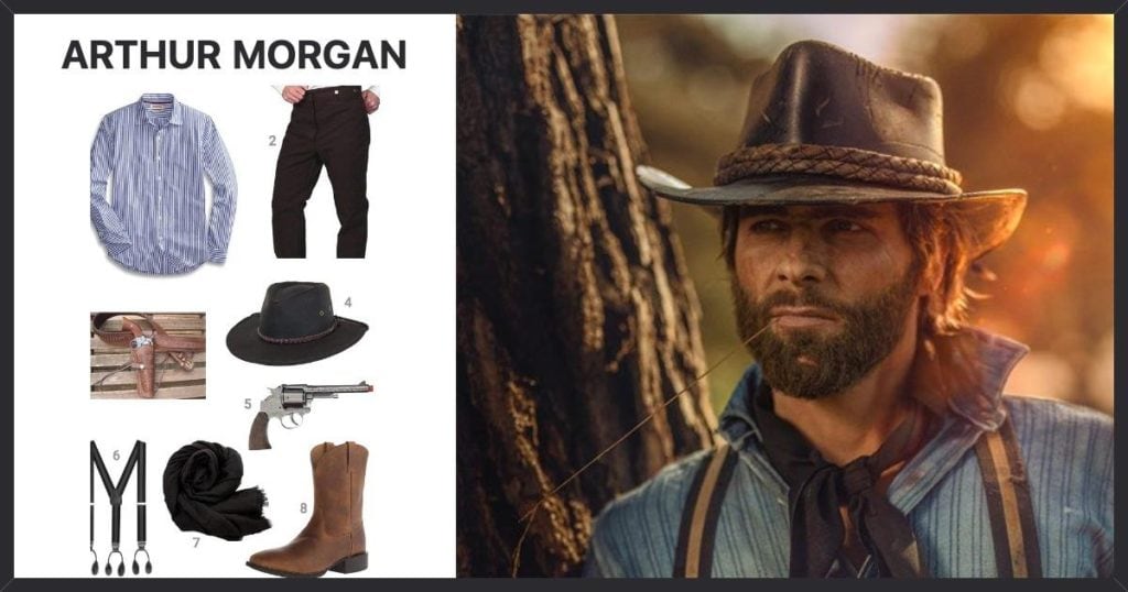 Arthur Morgan costume: Long Sleeve Shirt, Canvas Pants, Cowboy Gun Belt Tree of Leather, Grizzly Hat, Toy Pistol, and 3 more