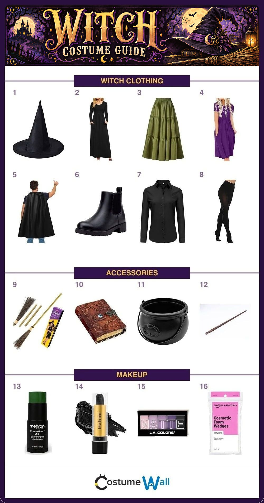 Witch costume guide: sixteen clothing, accessory and makeup options in groups of four