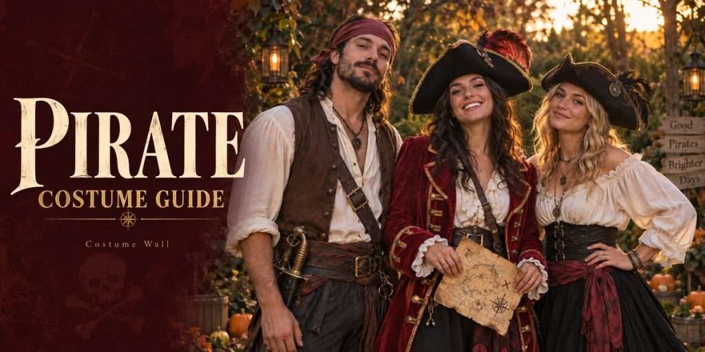 Brown Pirate Tricorn, Burgundy Head Bandana, Cream Pirate Shirt and Red Captain Coat beside Pirate
