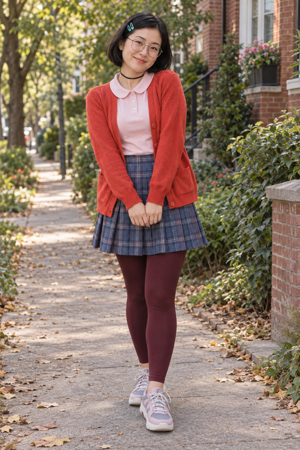 Adult costumer wearing Meilin Lee’s red cardigan, pink collar, plaid skirt and round glasses