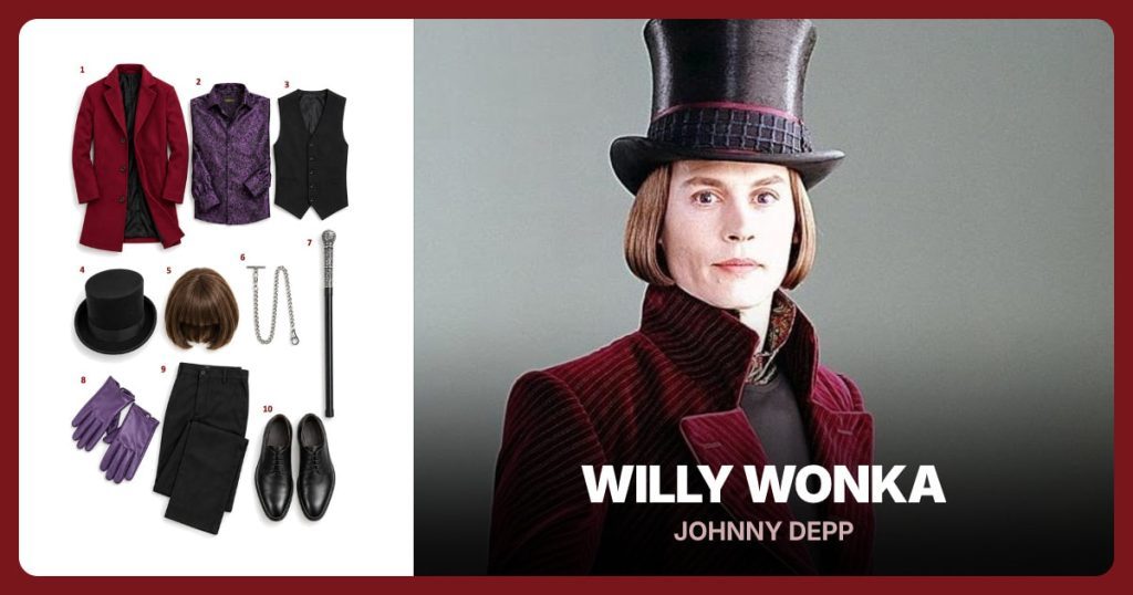Men’s Suit Vest, Purple Paisley Shirt, Men’s Wool Blend Pea Coat and Men’s Paisley Casual Shirt beside Willy Wonka (Johnny Depp)