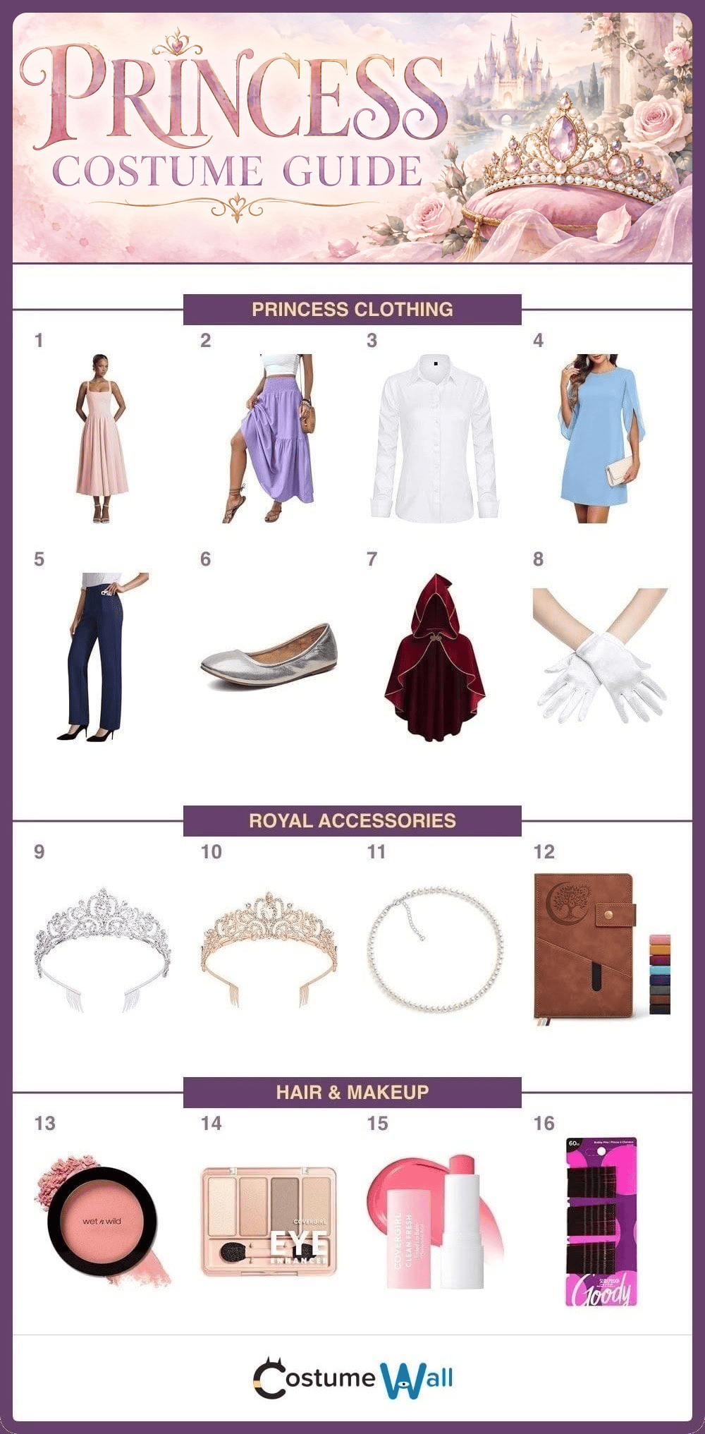 Princess costume guide with sixteen numbered clothing, accessory and styling options
