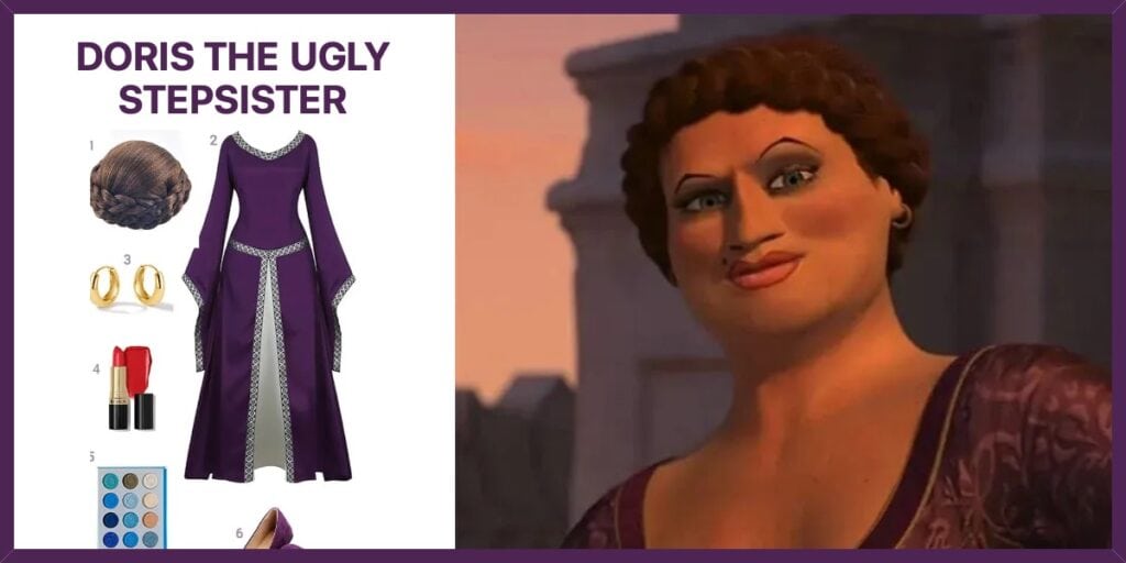 Doris the Ugly Stepsister costume: Braided Hair Bun, Purple Renaissance Dress, Chunky Gold Hoop Earrings, Red Lipstick, Eyeshadow Makeup Palette, and 1 more