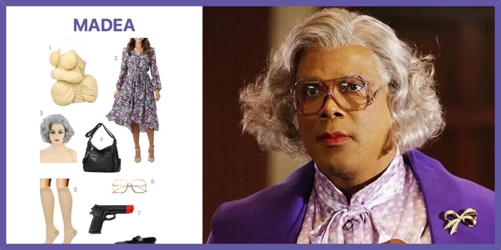 Madea costume: Fat Suit, Floral Print Dress, Short Gray Curly Wig, Leather Shoulder Bag, Women's Compression Socks, and 3 more