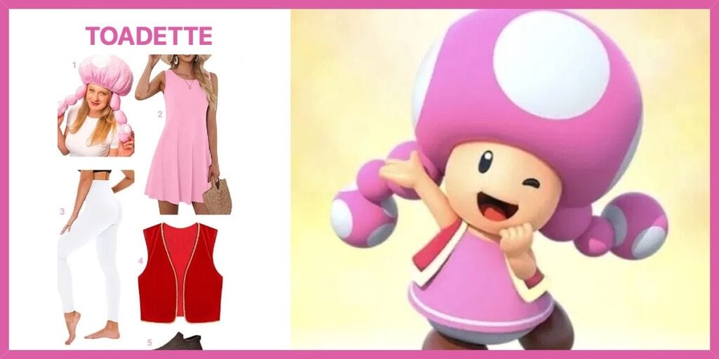 Toadette costume: Pink Mushroom Hat Costume, Pink Casual Sleeveless Dress, White Yoga Pants, Red Velvet Sleeveless Vest, Slip on Shoes