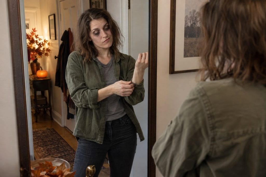 Woman checking the cuff of a homemade zombie costume in a mirror