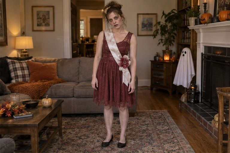 Zombie prom guest in a burgundy dress and crooked sash