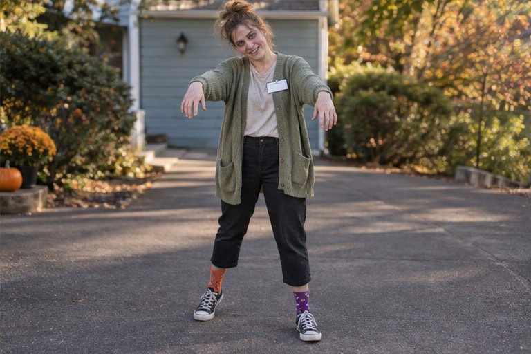 Playful zombie in an oversized cardigan and mismatched socks