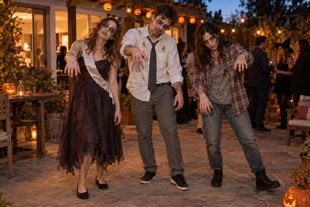 Three friends in zombie prom, office and everyday outfits at a Halloween party