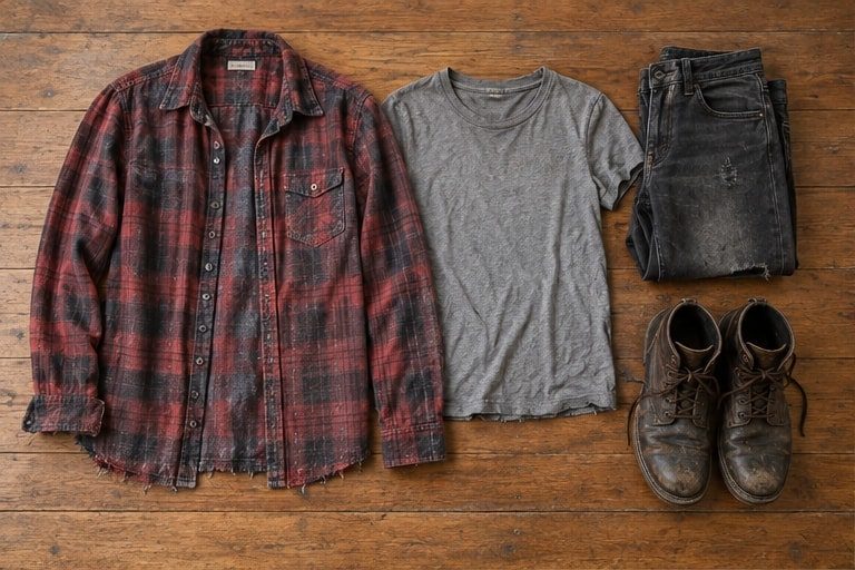 Gray T-shirt, plaid overshirt, dark jeans and boots laid out before costume assembly