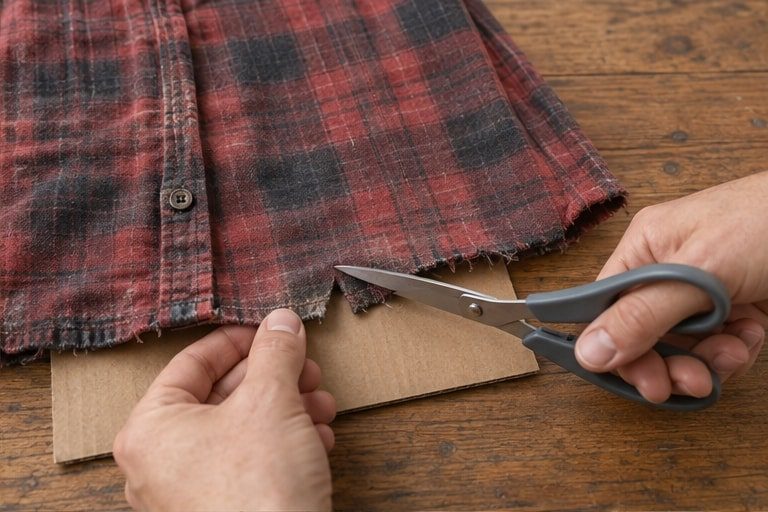 Small notches cut into a plaid shirt hem on a work table