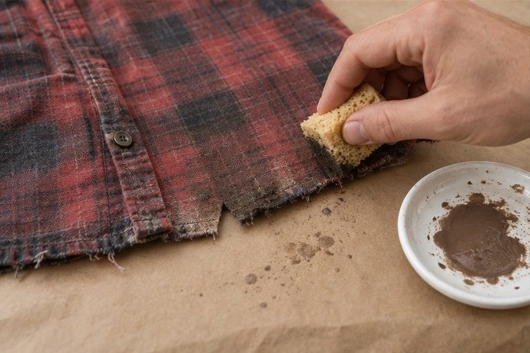 Brown fabric paint dabbed onto a plaid shirt with a sponge
