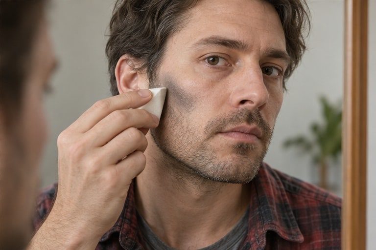 Subtle gray makeup blended along a cheek hollow