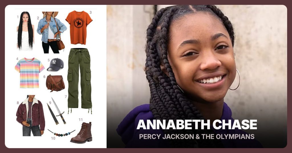 Long Braided Wig, Women’s Brown Ankle Boots, Half Blood Shirt and Multicolor Striped Tee Shirt beside Annabeth Chase