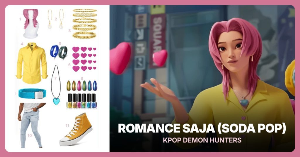 Pink Short Cosplay Wig, Dangle Earrings, Gold Chain Bracelets and Yellow Button Down Shirt beside Romance Saja (Soda Pop)