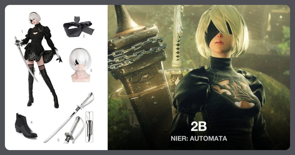 2B Costume, Blindfold, White Wig and Black Heeled Boots beside 2B
