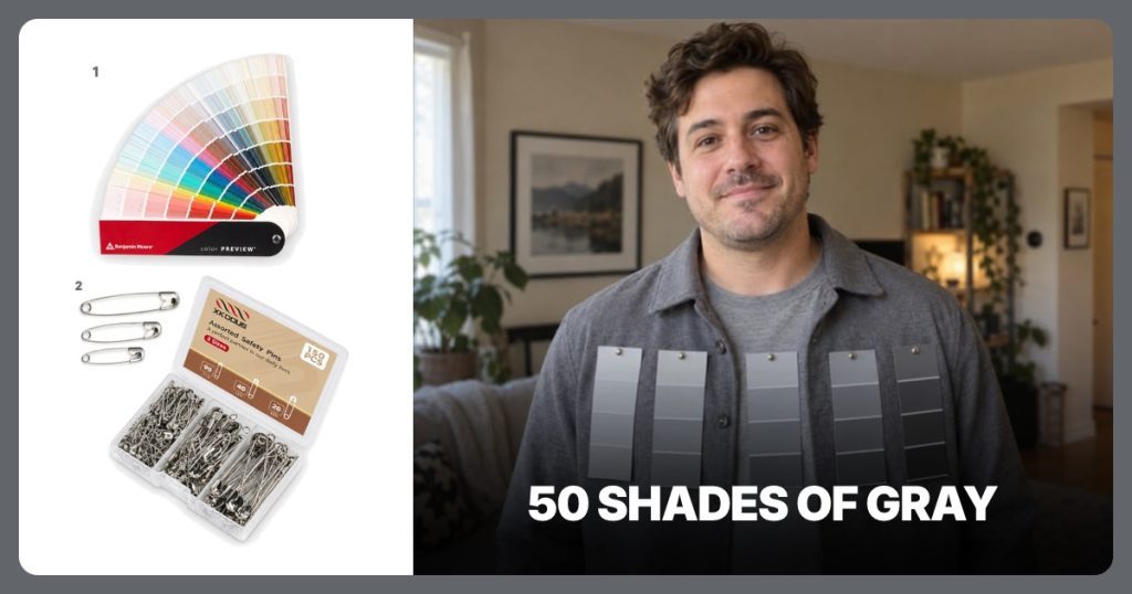 Gray Paint Color Fan Deck and Silver Safety Pins beside 50 Shades of Gray