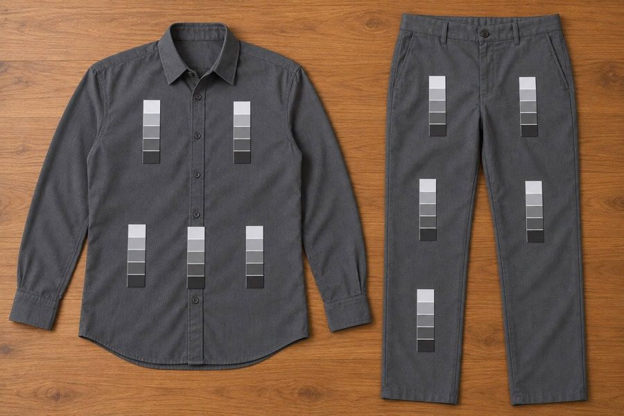 Five gray paint strips on a gray shirt and five on full-length gray trousers.