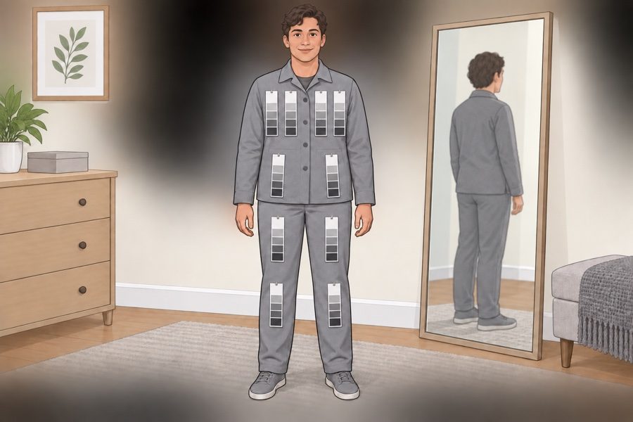 Check the ten-strip, fifty-shade outfit from head to toe.