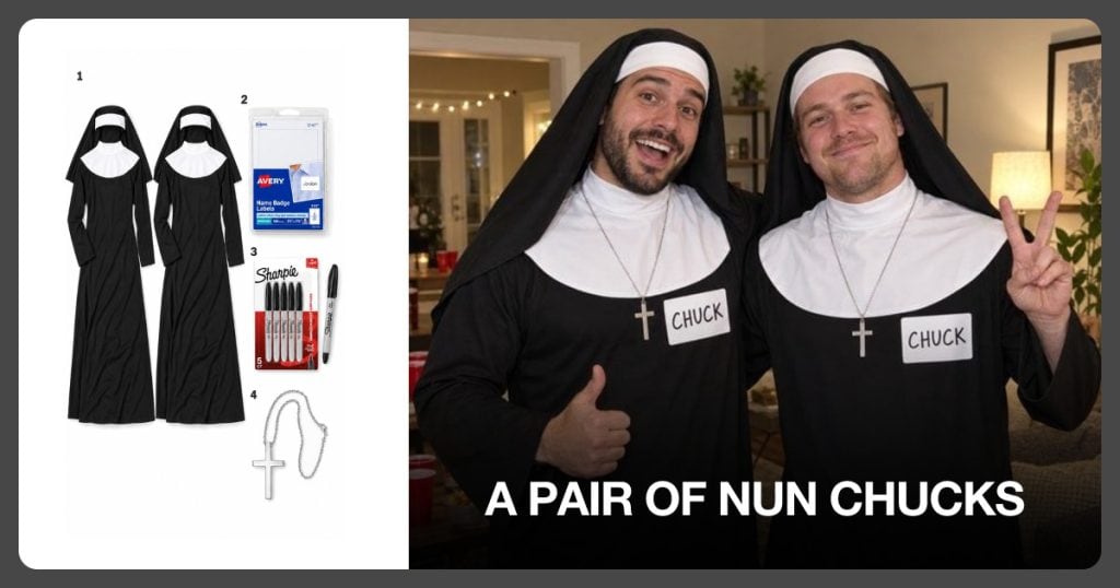 Two Nun Habit Costumes, White Name Badges, Black Fine Marker and Silver Cross Necklace beside A Pair of Nun Chucks
