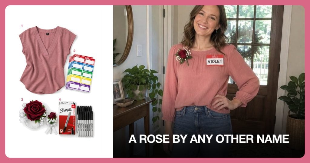 Rose Pink Blouse, Hello Name Tag Stickers, Rose Corsage and Black Marker beside A Rose by Any Other Name
