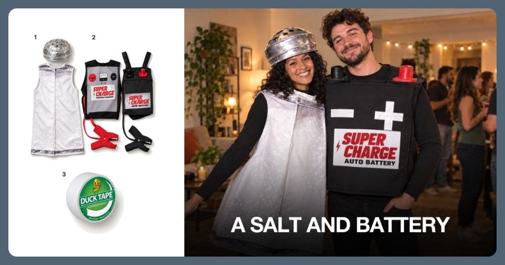 Salt Shaker Costume, Battery And Jumper Costume Set and White Duct Tape beside A Salt and Battery