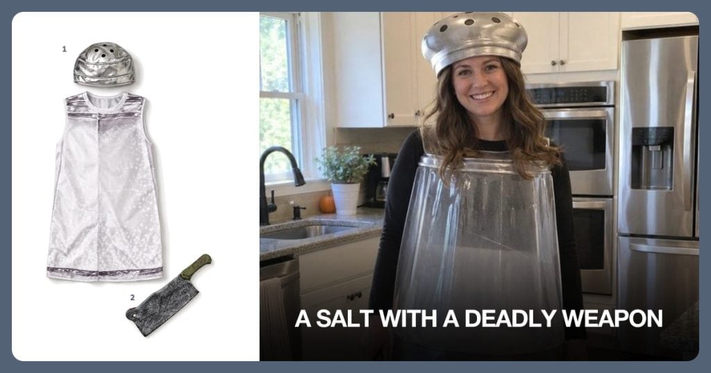 Salt Shaker Costume and Fake Bloody Cleaver beside A Salt with a Deadly Weapon