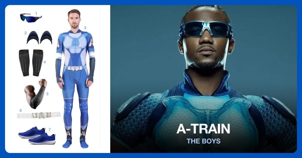 Polarized Sports Sunglasses, Shoulder Pads, A-Train The Boys Cosplay Costume and Shin Guards Sleeves beside A-Train