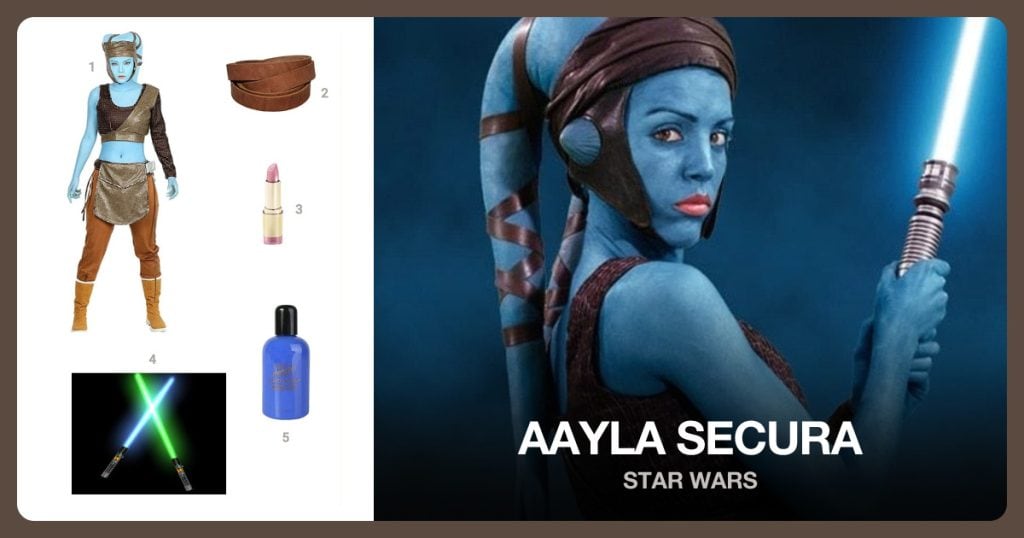 Aayla Costume, Leather Strap Medium, Statement Lipstick and Laser Sword beside Aayla Secura