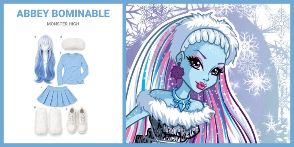 White And Blue Long Wig, White Faux Fur Headband, Light Blue Long Sleeve Top and Light Blue Pleated Skirt beside Abbey Bominable