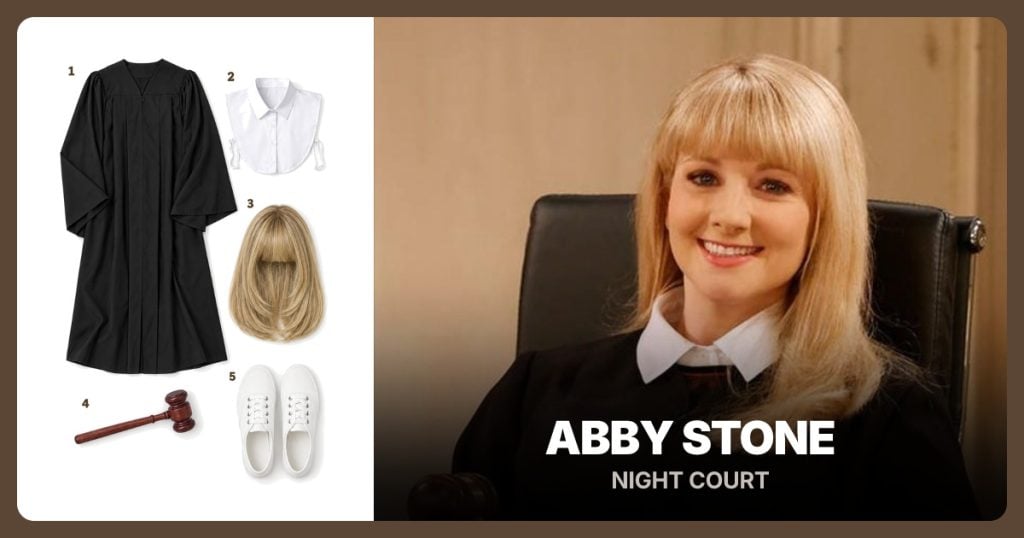 Black Judge Robe, White Pointed Shirt Collar, Blonde Wig with Bangs and Brown Wooden Gavel beside Abby Stone