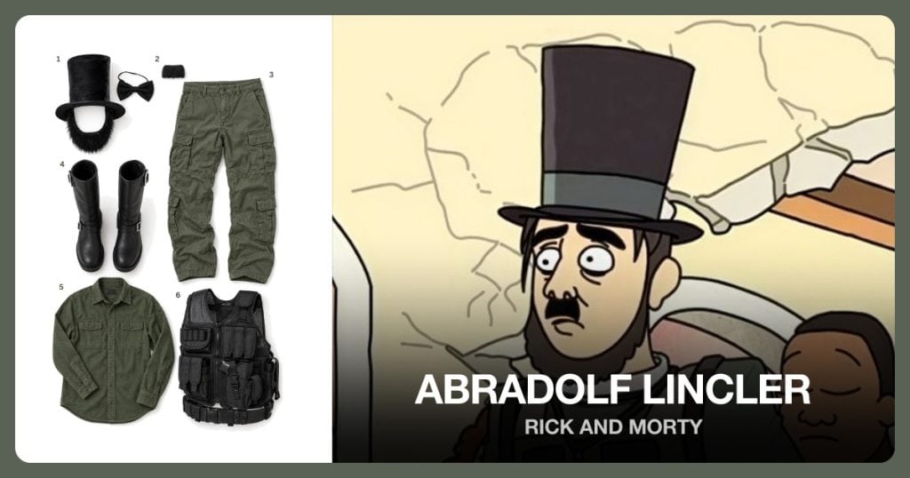 Abraham Lincoln Accessory Set, Square Costume Mustache, Olive Cargo Pants and Tall Black Motorcycle Boots beside Abradolf Lincler