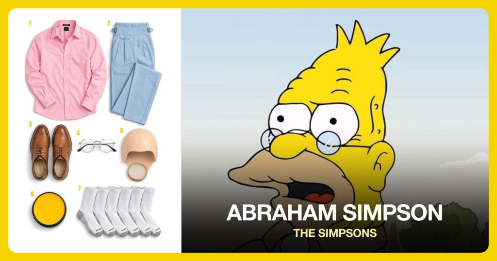 Pink Button-Up Shirt, Pale Blue Trousers, Brown Dress Shoes and Round Metal Glasses beside Abraham Simpson