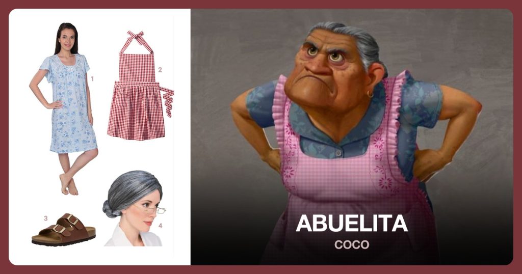 Floral Nightgown, Red Apron, Brown Sandals and Gray Hair Wig beside Abuelita