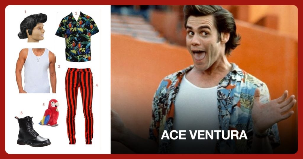 Ace Ventura Wig, Hawaiian Aloha Shirt, Jersey Tank Top and Black Red Striped Stretch Pants beside Ace Ventura