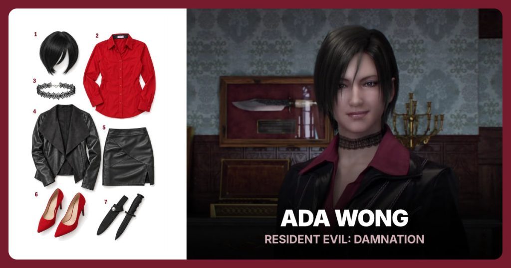 Short Black Bob Wig, Red Long-Sleeve Button-Down, Black Lace Choker and Black Faux-Leather Lapel Jacket beside Ada Wong from Resident Evil: Damnation