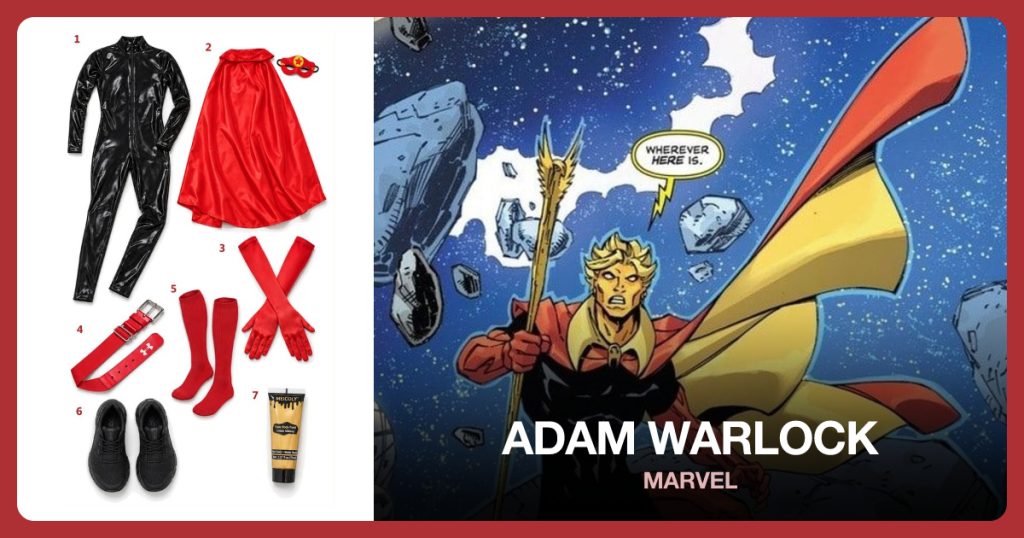 Black Metallic Bodysuit, Red Cape and Mask, Red Opera Gloves and Red Baseball Belt beside Adam Warlock