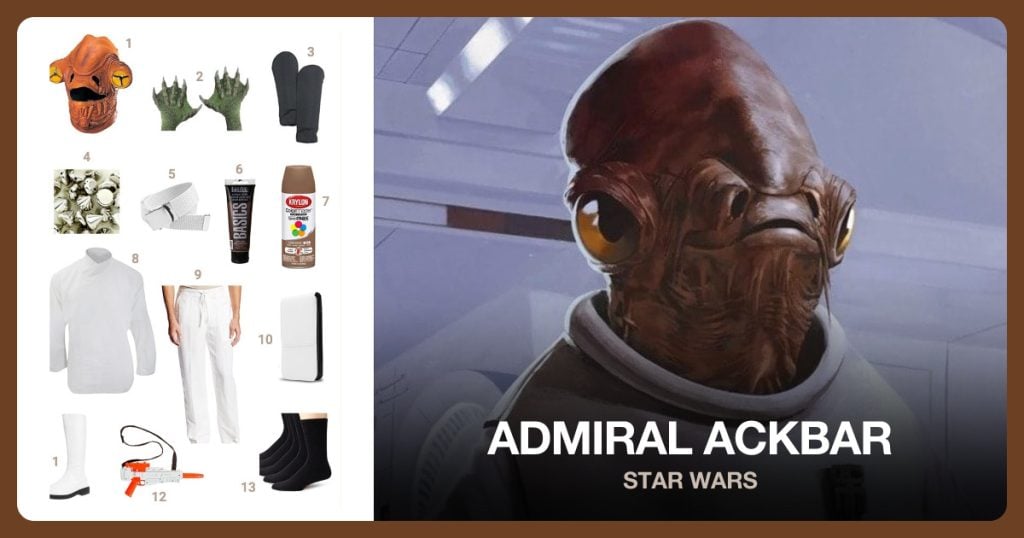 Admiral Ackbar Mask, Webbed Sea Creature Gloves, ProForce Forearm Guard and Acrylic Rivet Punk Bracelet Spacer beside Admiral Ackbar