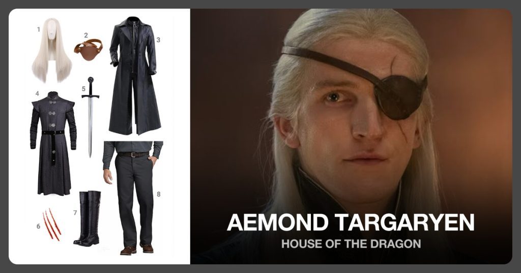 Platinum Blonde Long Wig, Brown Leather Eye Patch, Black Leather Trench Coat and Daemon Targaryen Trench Coat beside Aemond Targaryen