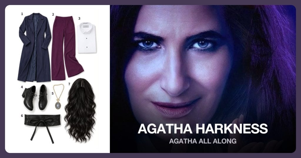 Navy Agatha Coat, Plum Wide-Leg Pants, White Tuxedo Shirt and Black Ankle Boots beside Agatha Harkness