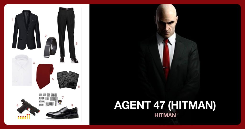 Black One Button Blazer, Black Leather Belt, Black Flat Front Pants and White Dress Shirt beside Agent 47 (Hitman)