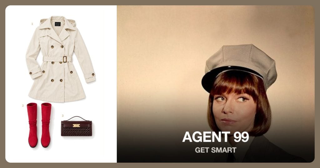 White Belted Trench Coat, Red Knee High Boots and Dark Red Structured Handbag beside Agent 99