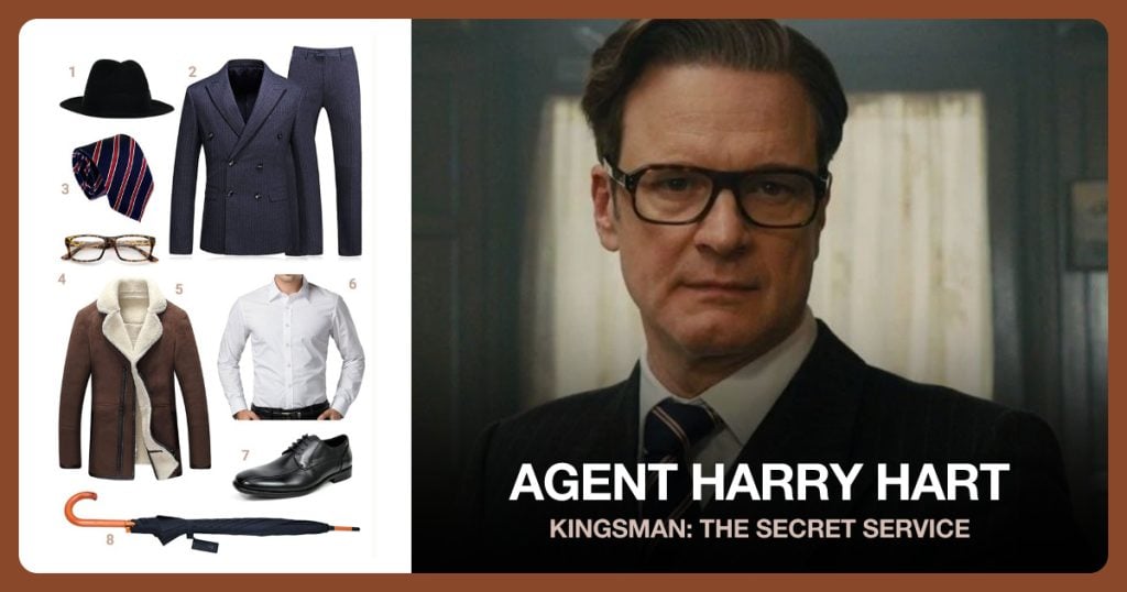 Men’s Top Hat, Pinstripe Double Breasted Suit, Classic Blue Striped Tie and Kingsman Glasses beside Agent Harry Hart