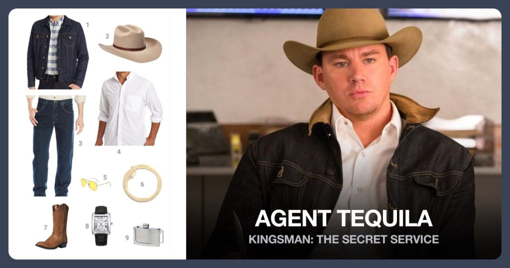 Lined Denim Jacket, Wool Cowboy Hat, Rugged Relaxed Jeans and Solid Long Sleeve Shirt beside Agent Tequila